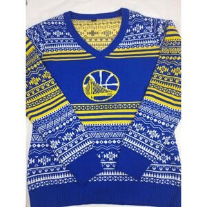Golden State Warriors NBA V-Neck Fair Isle Knit Sweater Blue Yellow XL Fan Gear
